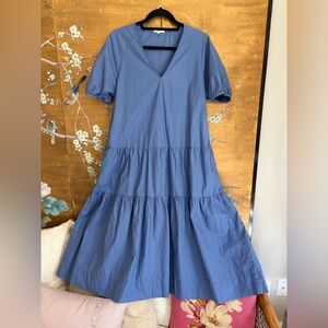 Calme by Johnny Was 100% cotton, tiered midi dress, puff sleeves, pockets.